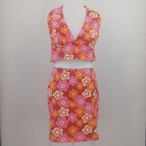 womans hawaiian summer 2 piece set skirt size medium halter top size large pink